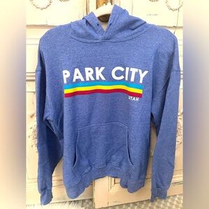 Park City Utah heather blue size small hoodie with rainbow stripe across